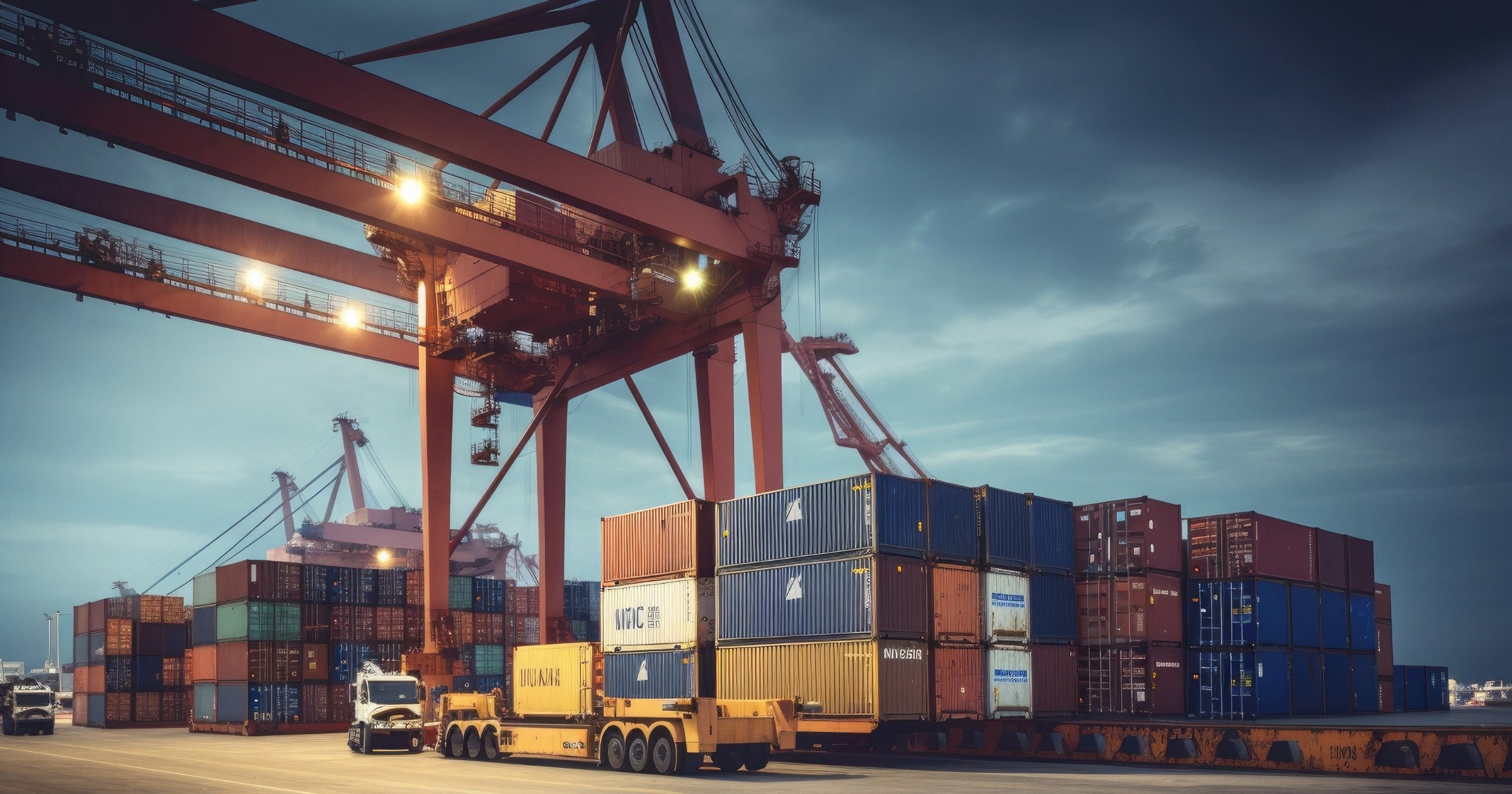 a container yard with containers and gantry cranes